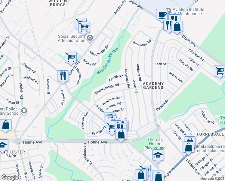 map of restaurants, bars, coffee shops, grocery stores, and more near 9224 Convent Avenue in Philadelphia