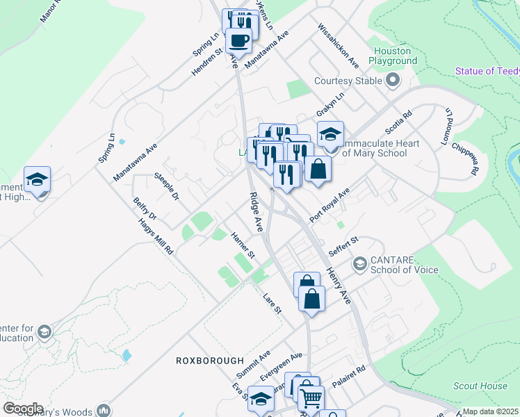 map of restaurants, bars, coffee shops, grocery stores, and more near 8459 Ridge Avenue in Philadelphia