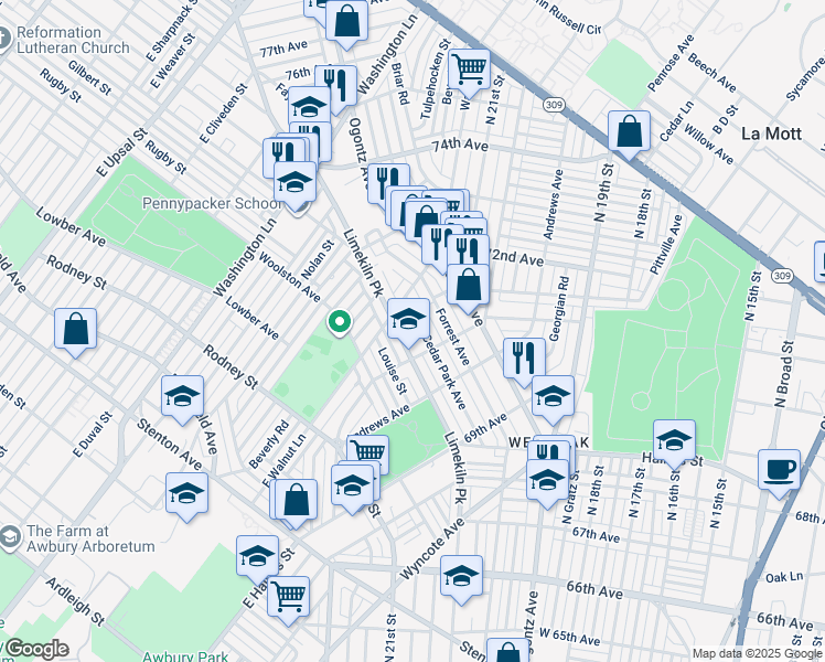 map of restaurants, bars, coffee shops, grocery stores, and more near 7141 Limekiln Pike in Philadelphia