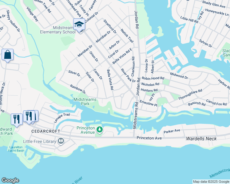 map of restaurants, bars, coffee shops, grocery stores, and more near 443 Sedge Place in Brick