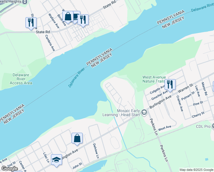 map of restaurants, bars, coffee shops, grocery stores, and more near 1 Fox Court in Delran