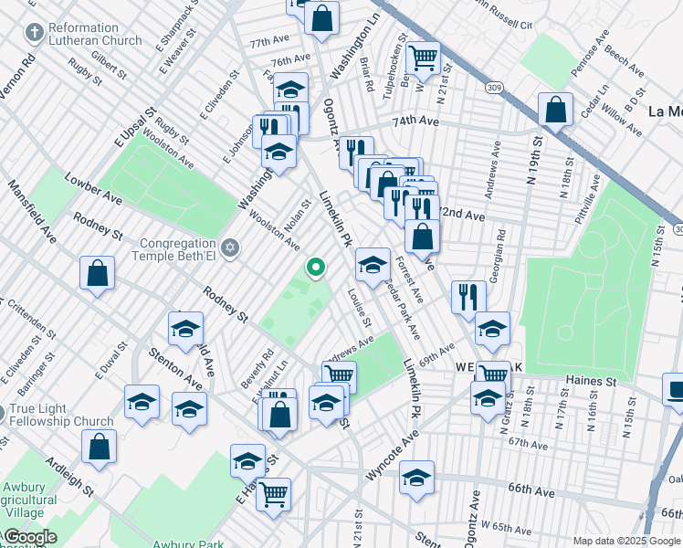 map of restaurants, bars, coffee shops, grocery stores, and more near 2111 East Walnut Lane in Philadelphia