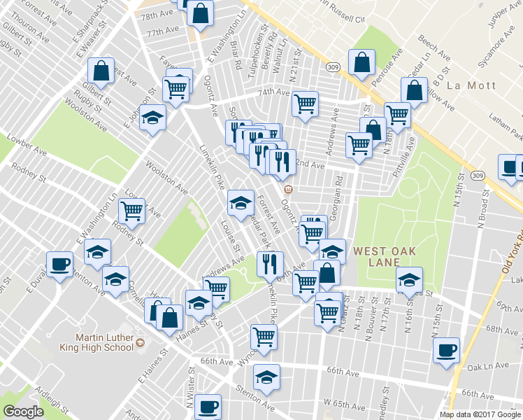 map of restaurants, bars, coffee shops, grocery stores, and more near 7060 Forrest Avenue in Philadelphia