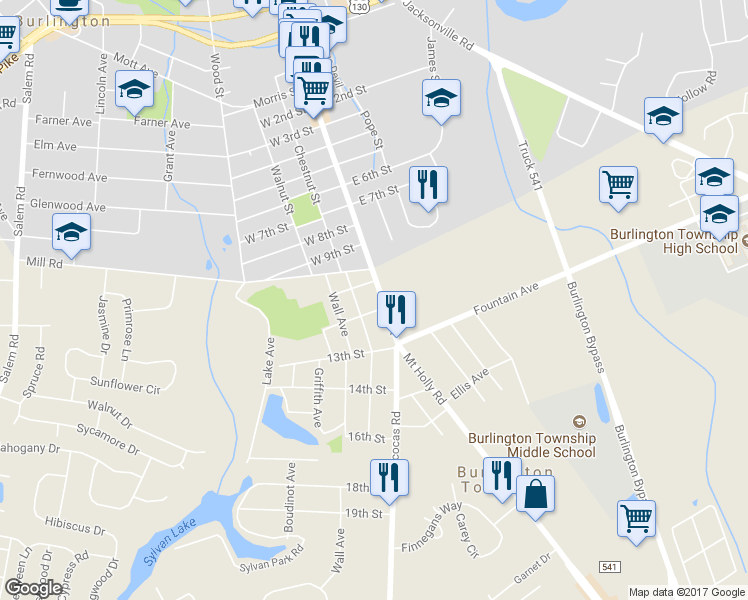 map of restaurants, bars, coffee shops, grocery stores, and more near 1106-T High Street in Burlington