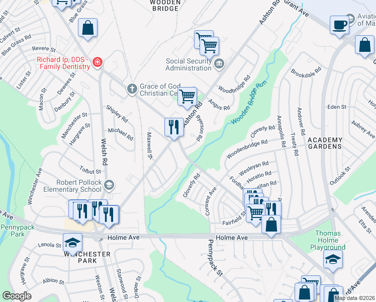 map of restaurants, bars, coffee shops, grocery stores, and more near 9105 Ryerson Road in Philadelphia
