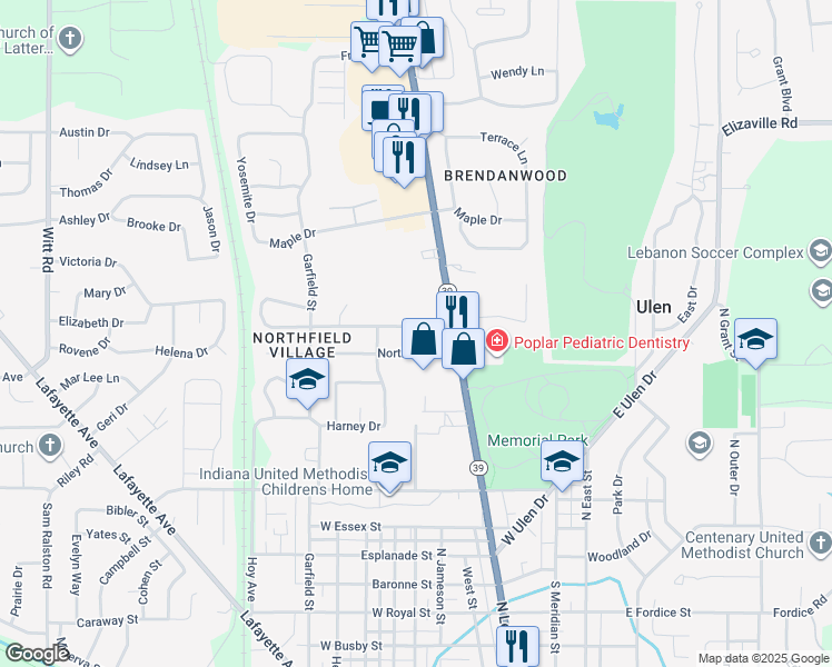 map of restaurants, bars, coffee shops, grocery stores, and more near 1718 Syracuse Drive in Lebanon