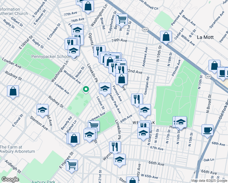 map of restaurants, bars, coffee shops, grocery stores, and more near 7060 Forrest Avenue in Philadelphia