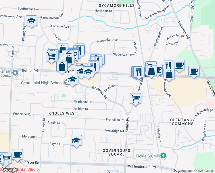 map of restaurants, bars, coffee shops, grocery stores, and more near 1234 Langland Drive in Columbus