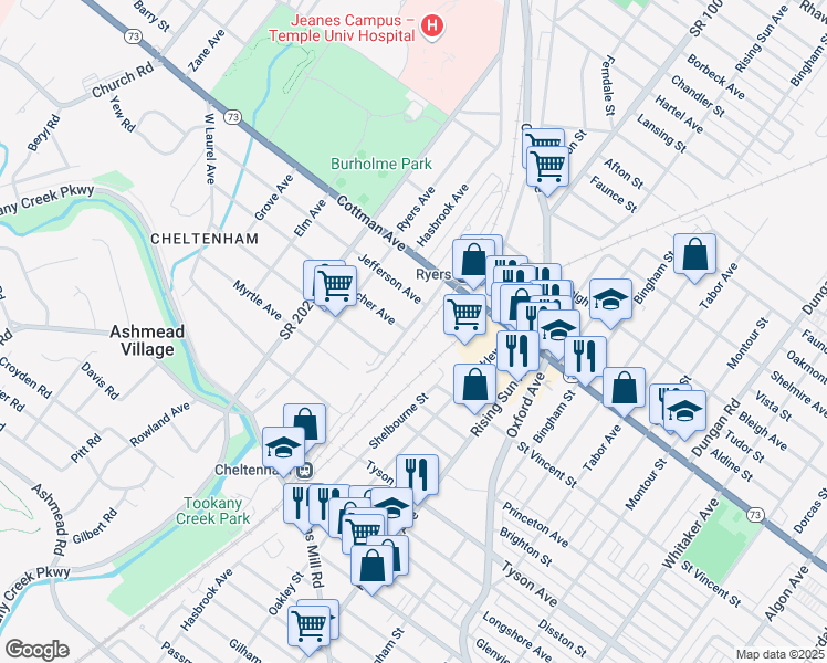 map of restaurants, bars, coffee shops, grocery stores, and more near 7259 Cottman Avenue in Philadelphia