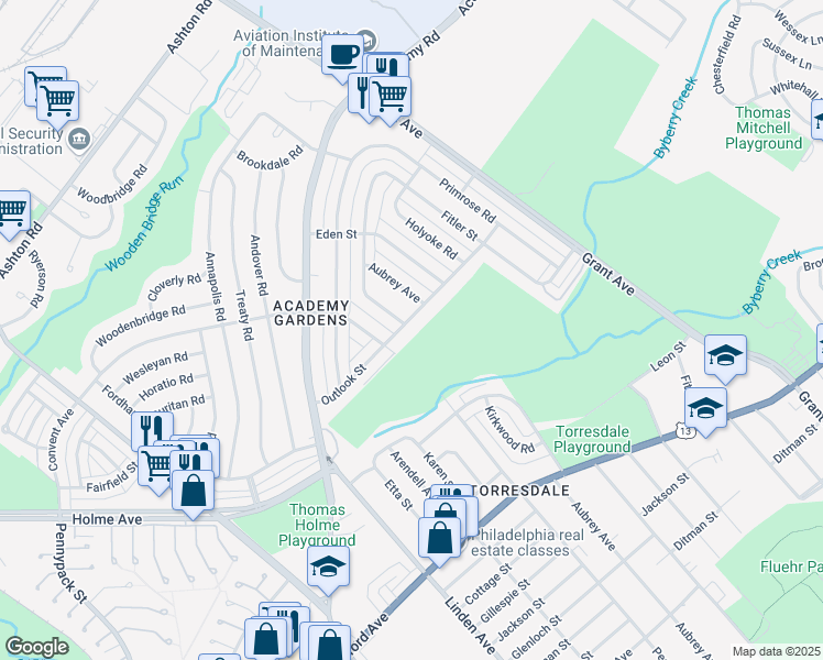map of restaurants, bars, coffee shops, grocery stores, and more near 9321 Outlook Avenue in Philadelphia