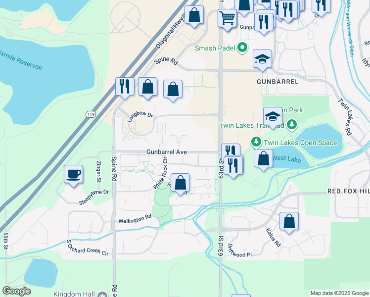 map of restaurants, bars, coffee shops, grocery stores, and more near 6165 Gunbarrel Ave in Boulder