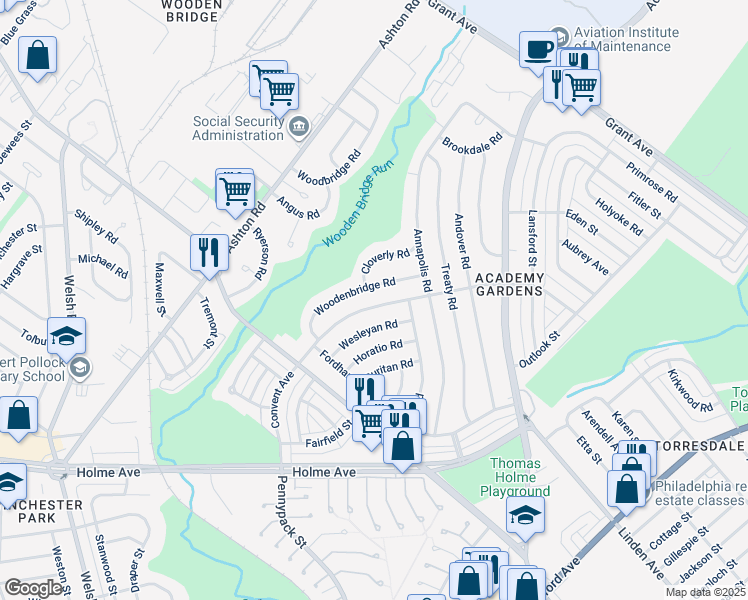 map of restaurants, bars, coffee shops, grocery stores, and more near 9224 Convent Avenue in Philadelphia