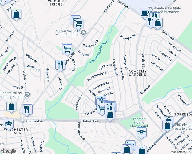 map of restaurants, bars, coffee shops, grocery stores, and more near 9221 Woodenbridge Road in Philadelphia