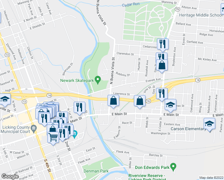 map of restaurants, bars, coffee shops, grocery stores, and more near 84 North Buena Vista Street in Newark