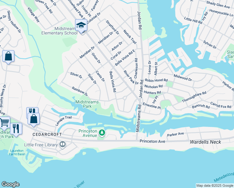 map of restaurants, bars, coffee shops, grocery stores, and more near 443 Sedge Place in Brick