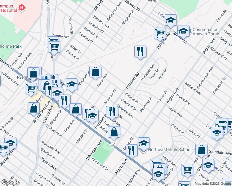 map of restaurants, bars, coffee shops, grocery stores, and more near 7523 Montour Street in Philadelphia