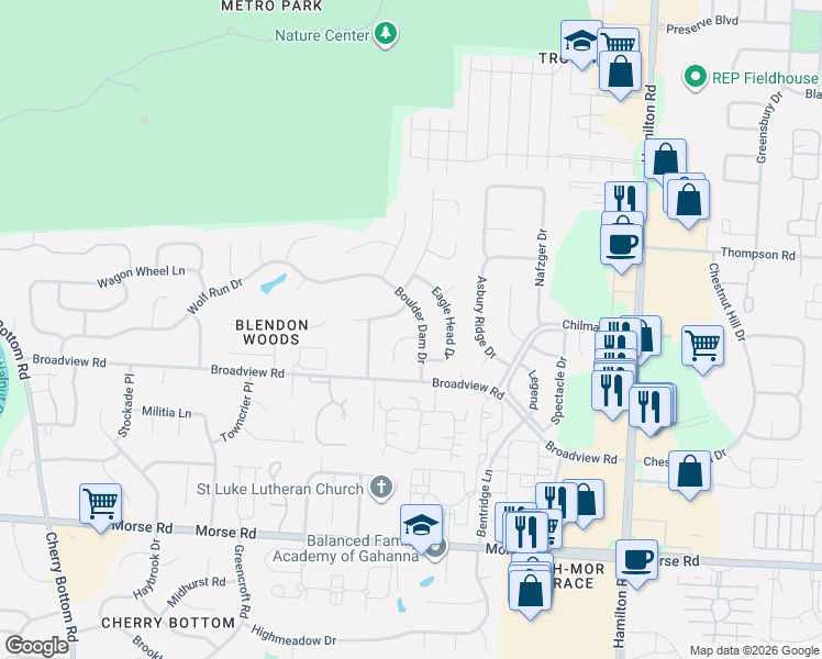 map of restaurants, bars, coffee shops, grocery stores, and more near 5612 Big Timber Ct in Columbus