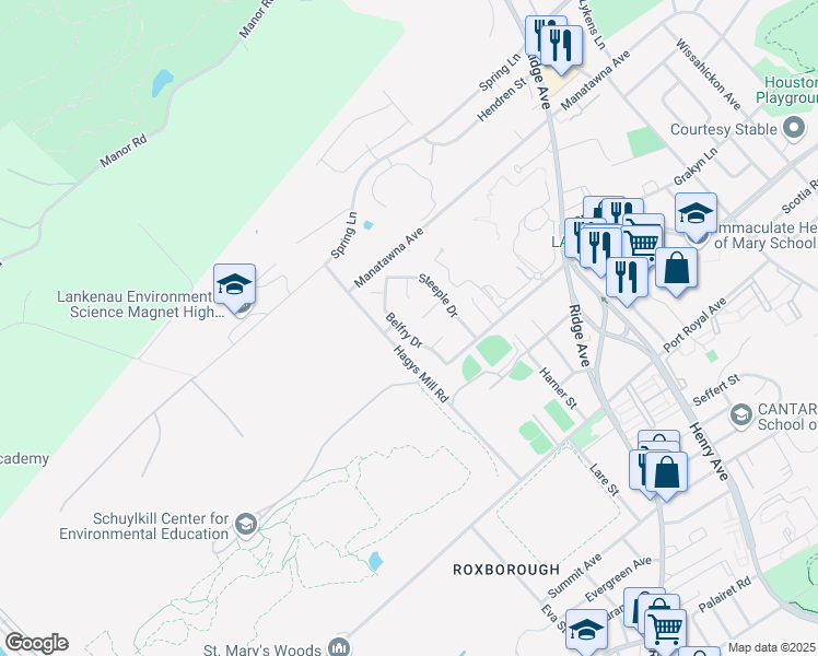 map of restaurants, bars, coffee shops, grocery stores, and more near 8627 Belfry Drive in Philadelphia
