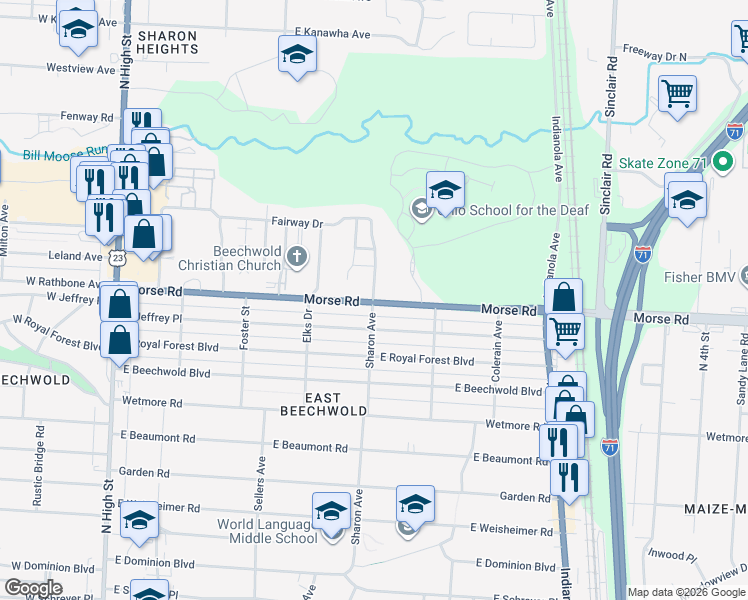 map of restaurants, bars, coffee shops, grocery stores, and more near 406 Morse Road in Columbus