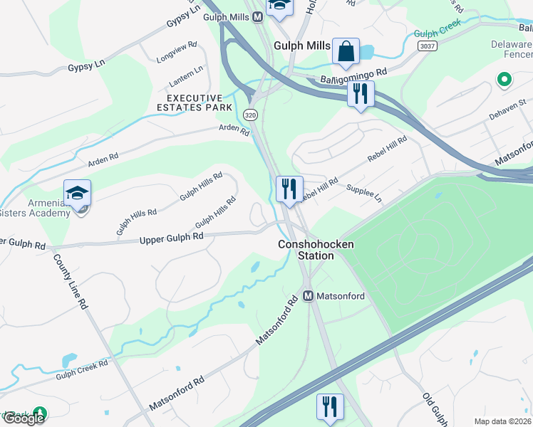 map of restaurants, bars, coffee shops, grocery stores, and more near 1100 Grandview Terrace in Wayne