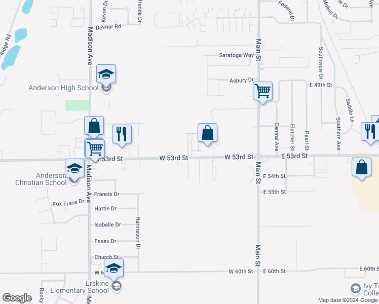 map of restaurants, bars, coffee shops, grocery stores, and more near 328 West 53rd Street in Anderson