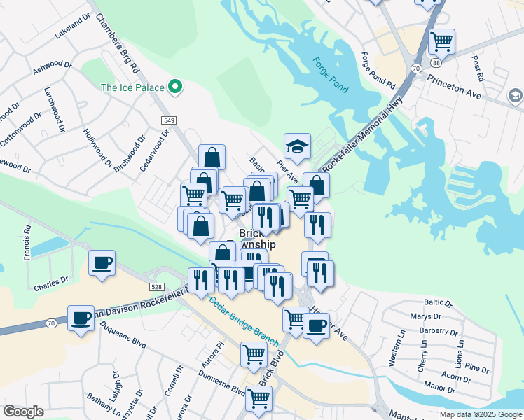 map of restaurants, bars, coffee shops, grocery stores, and more near 644 New Jersey 70 in Brick