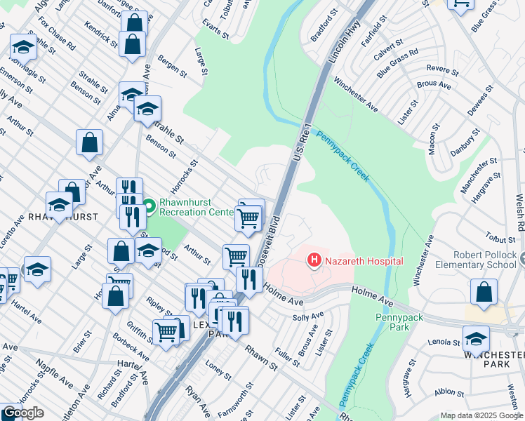 map of restaurants, bars, coffee shops, grocery stores, and more near 2401 Benson Street in Philadelphia