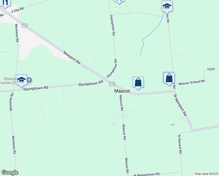 map of restaurants, bars, coffee shops, grocery stores, and more near 2988 West Newport Road in Ronks