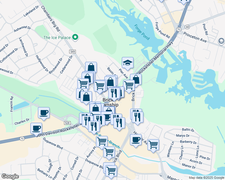 map of restaurants, bars, coffee shops, grocery stores, and more near 644 New Jersey 70 in Brick