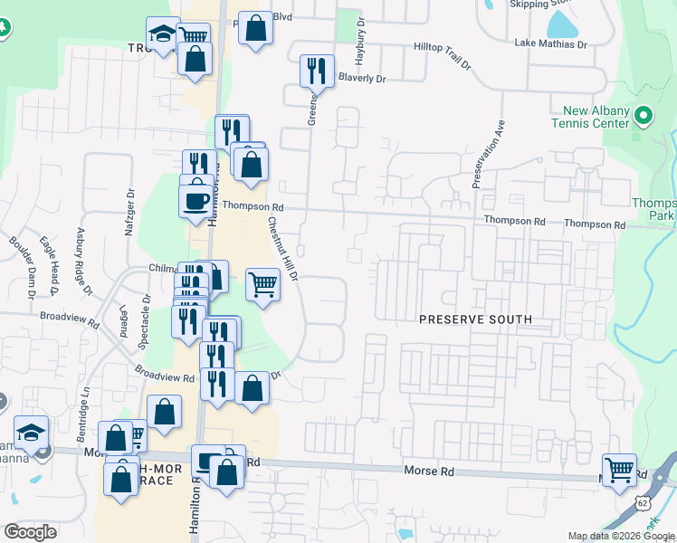 map of restaurants, bars, coffee shops, grocery stores, and more near 4118 Pathfield Drive in Columbus