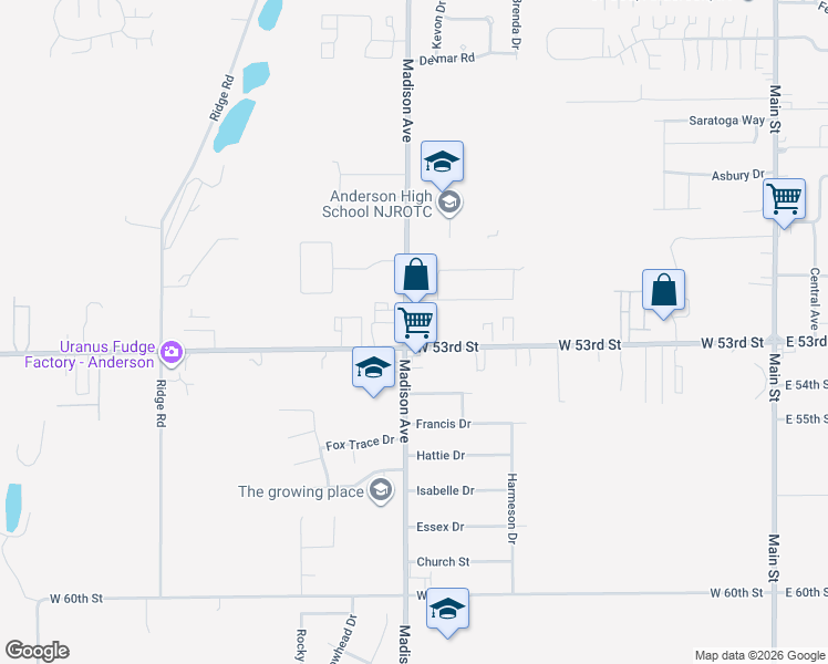 map of restaurants, bars, coffee shops, grocery stores, and more near 930 West 53rd Street in Anderson