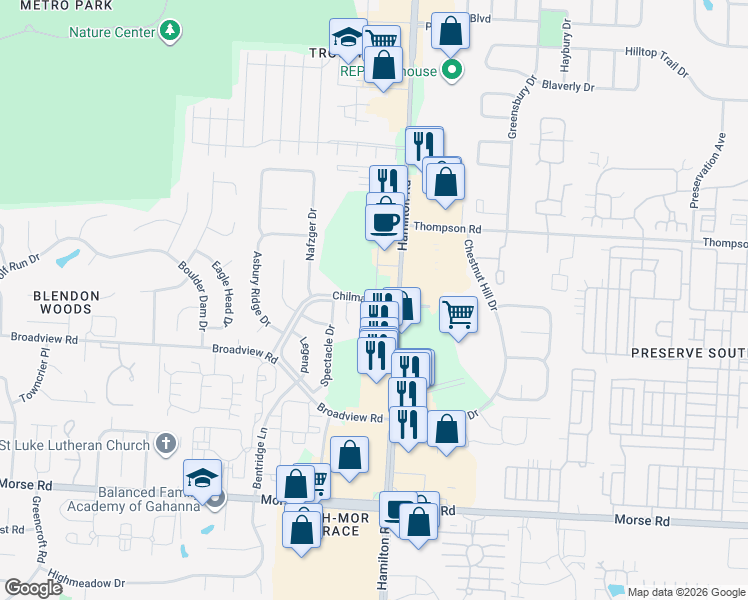 map of restaurants, bars, coffee shops, grocery stores, and more near 5195 Chilmark Drive in Columbus