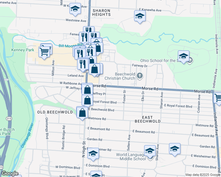 map of restaurants, bars, coffee shops, grocery stores, and more near 115 Morse Road in Columbus