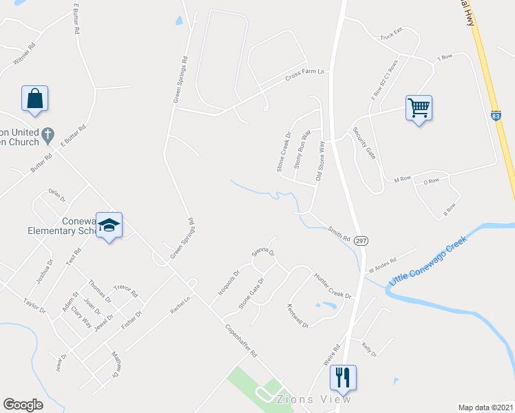 map of restaurants, bars, coffee shops, grocery stores, and more near 130 Smith Road in York