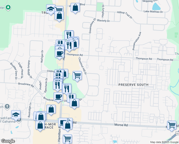 map of restaurants, bars, coffee shops, grocery stores, and more near 4154 Pathfield Drive in Columbus