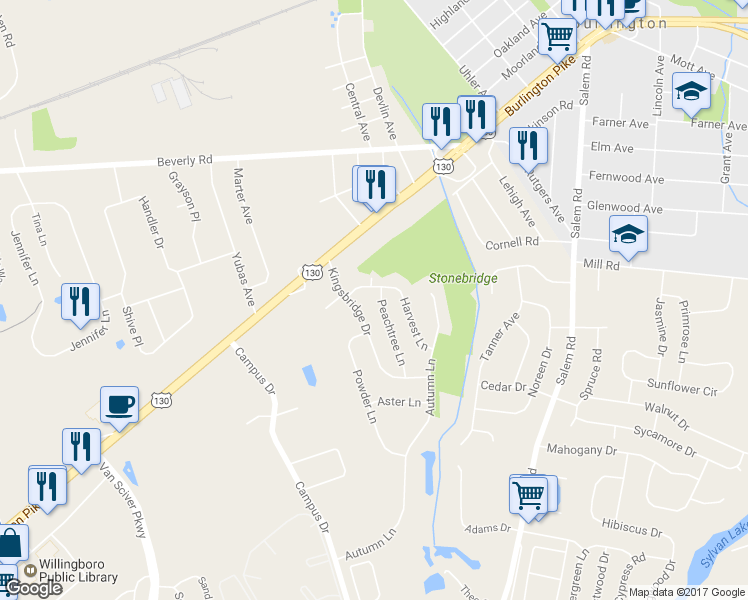 map of restaurants, bars, coffee shops, grocery stores, and more near 3 Peachtree Lane in Burlington