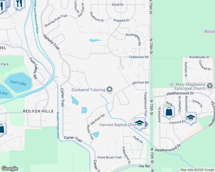 map of restaurants, bars, coffee shops, grocery stores, and more near 4790 Old Post Court in Boulder