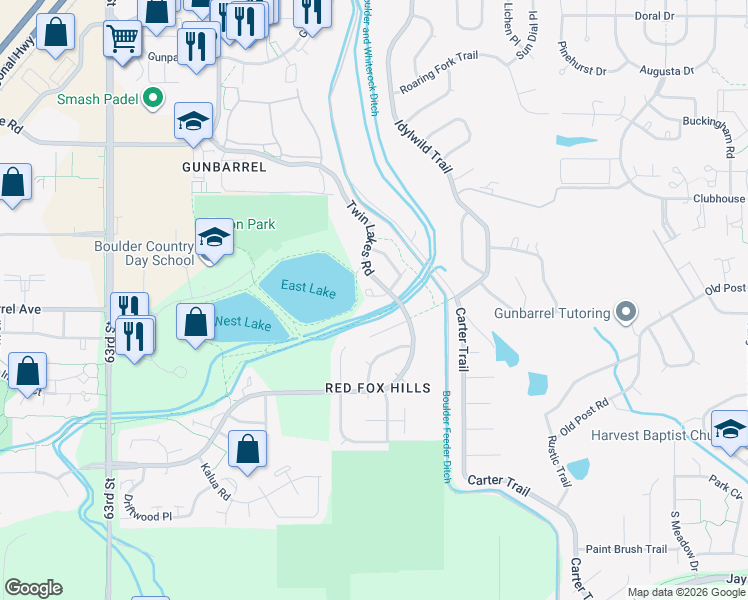 map of restaurants, bars, coffee shops, grocery stores, and more near 4822 Brandon Creek Drive in Boulder