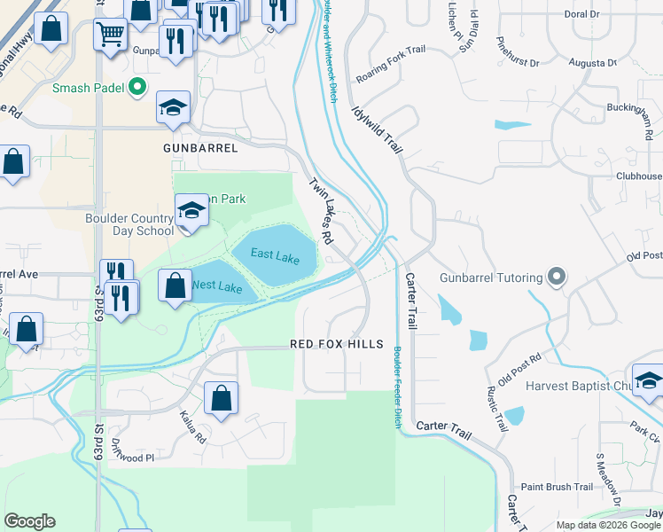 map of restaurants, bars, coffee shops, grocery stores, and more near 4822 Brandon Creek Drive in Boulder