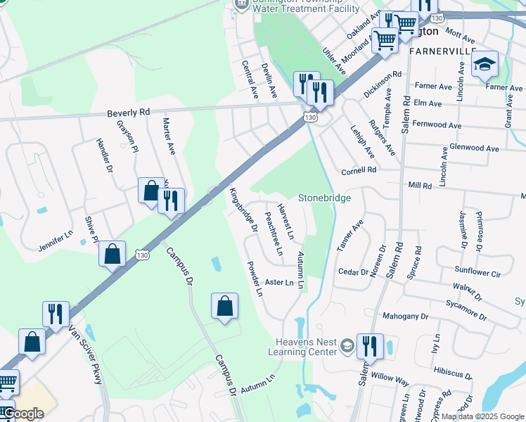 map of restaurants, bars, coffee shops, grocery stores, and more near 3 Peachtree Lane in Burlington