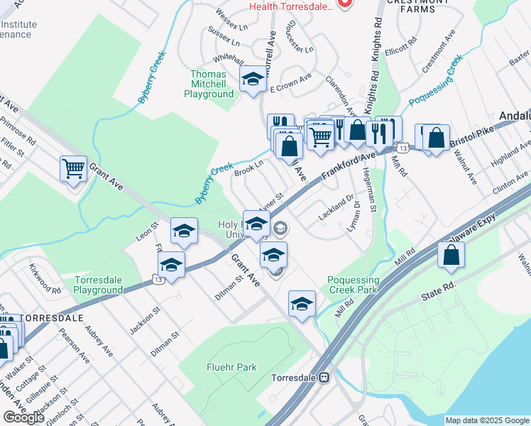 map of restaurants, bars, coffee shops, grocery stores, and more near 9862 Frankford Avenue in Philadelphia