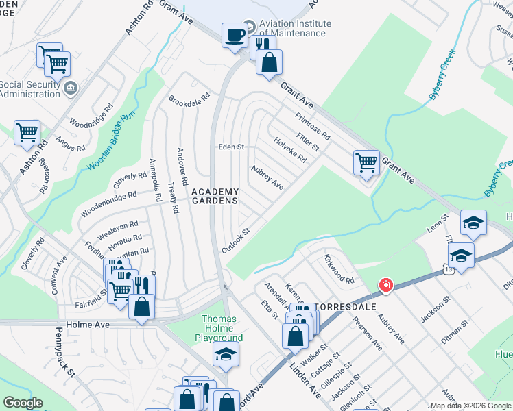 map of restaurants, bars, coffee shops, grocery stores, and more near 3490 Kirkwood Road in Philadelphia