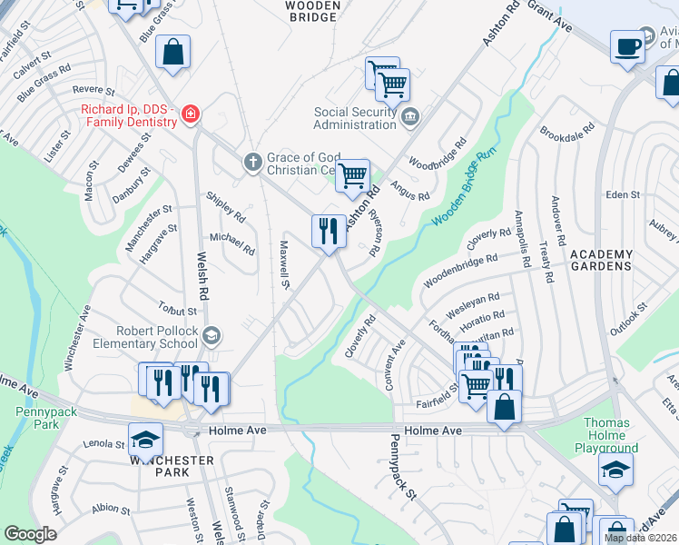 map of restaurants, bars, coffee shops, grocery stores, and more near 9105 Ryerson Road in Philadelphia