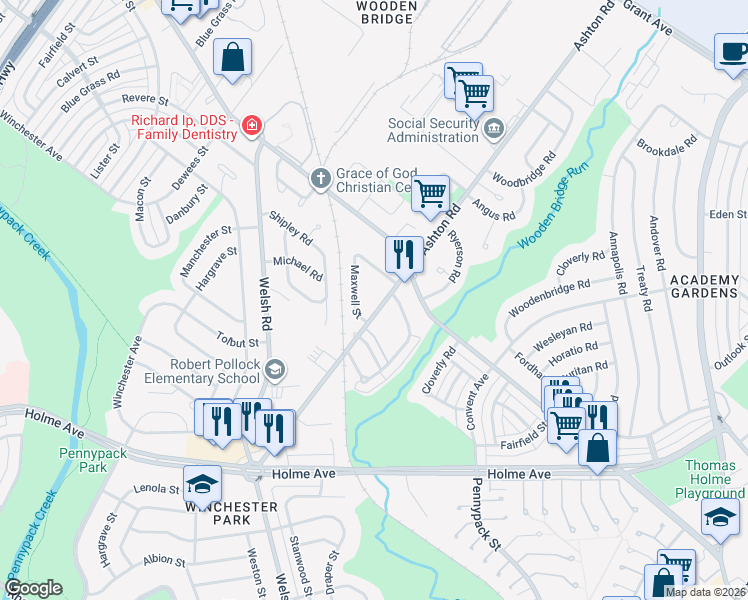 map of restaurants, bars, coffee shops, grocery stores, and more near 2751 Maxwell Street in Philadelphia