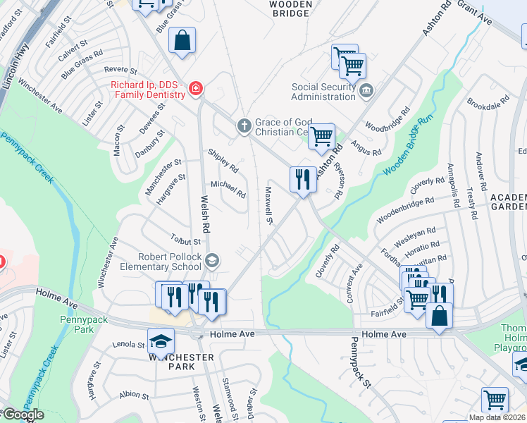 map of restaurants, bars, coffee shops, grocery stores, and more near 2751 Maxwell Street in Philadelphia