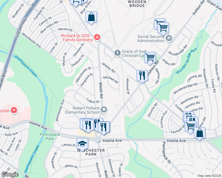map of restaurants, bars, coffee shops, grocery stores, and more near 2816 Shelly Road in Philadelphia