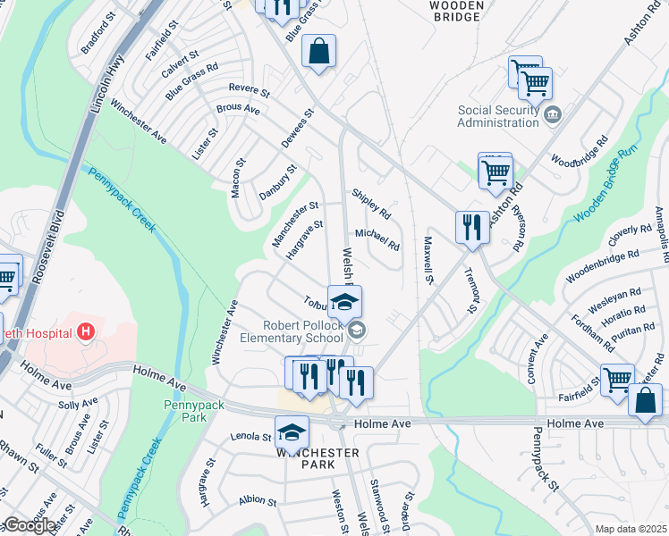 map of restaurants, bars, coffee shops, grocery stores, and more near 2814B Welsh Road in Philadelphia