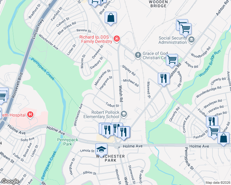 map of restaurants, bars, coffee shops, grocery stores, and more near 2814B Welsh Road in Philadelphia