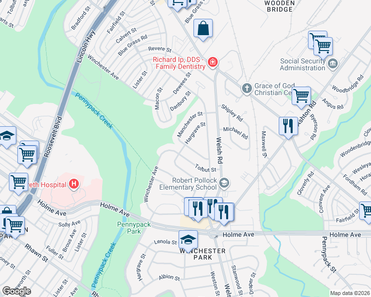 map of restaurants, bars, coffee shops, grocery stores, and more near 8728 Hargrave Street in Philadelphia