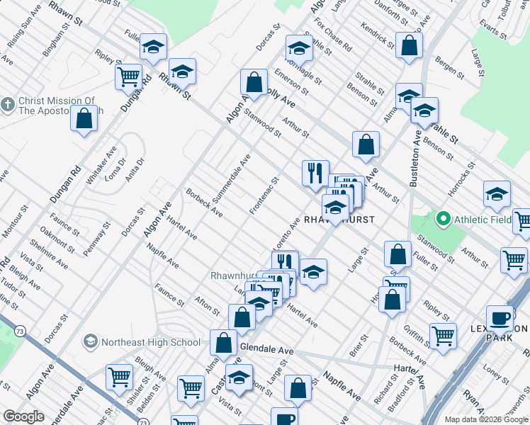 map of restaurants, bars, coffee shops, grocery stores, and more near 1824 Loney Street in Philadelphia